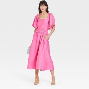 A New Day Pink Flutter Sleeve Tie Back Dress (Small)